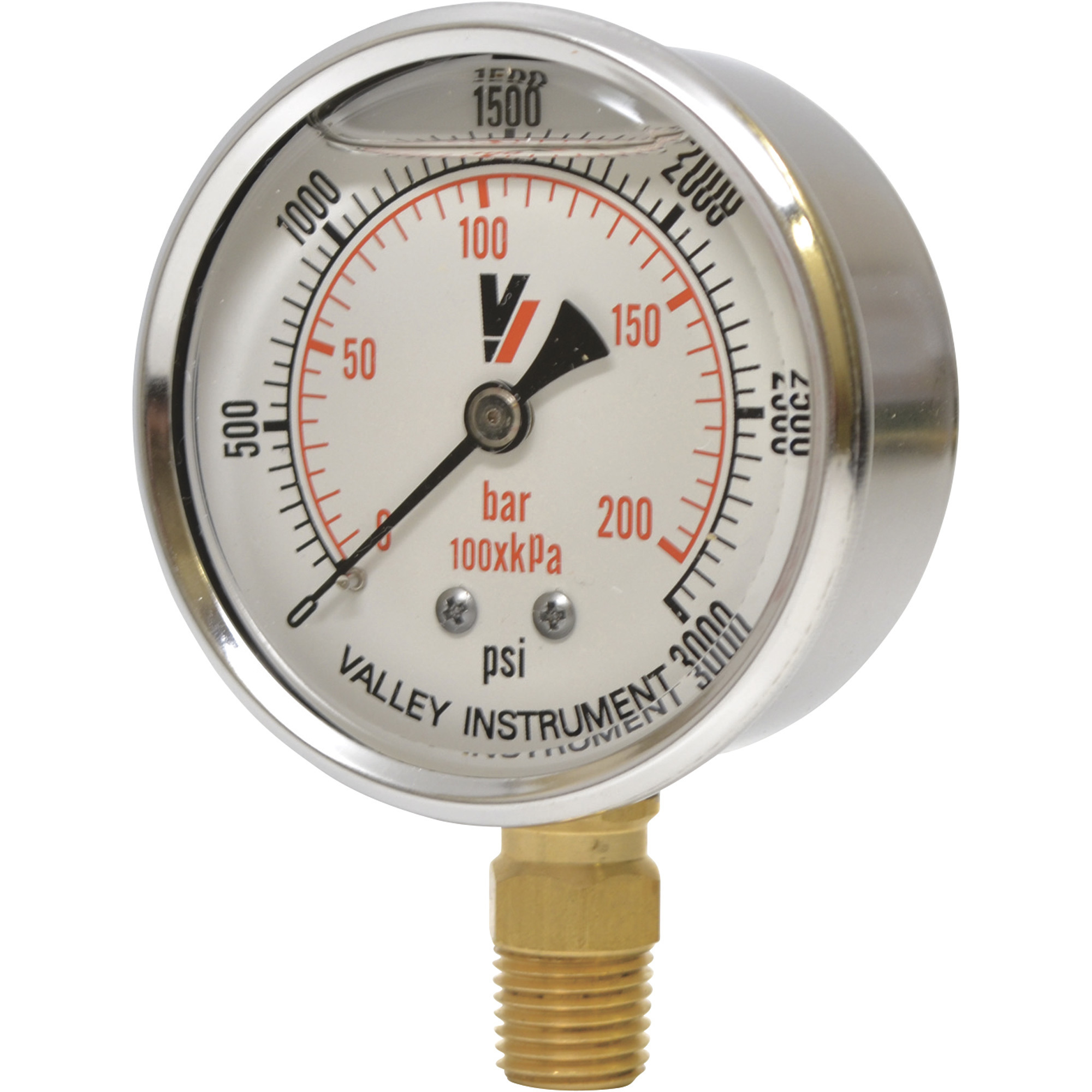 Valley Industries, 2.5in. Bottom Mt Gauge 3000PSI, Case Material Stainless Steel, Min. Operating Pressure 0 PSI, Max. Operating Pressure 3000 PSI, Model# 2140GXB3000